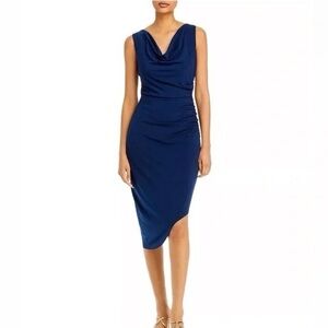 NWT Sam Edelman Ruched Sleeveless Midi Dress 12 Asymmetric Hem Navy Blue Bodycon